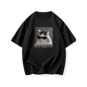Baskılı Oversize Bisiklet Yaka T-shirt - Siyah