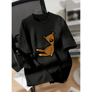 Baskılı Oversize Bisiklet Yaka T-shirt - Siyah