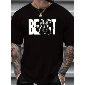 Baskılı Oversize Bisiklet Yaka T-shirt - Siyah