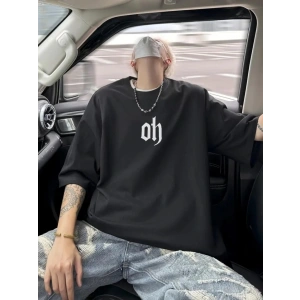 Baskılı Oversize Bisiklet Yaka T-shirt - Siyah