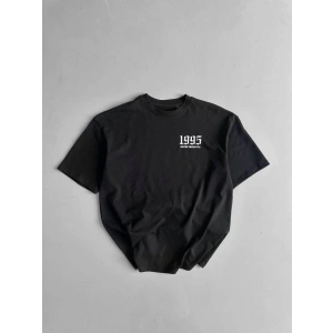 Baskılı Oversize Bisiklet Yaka T-shirt - Siyah