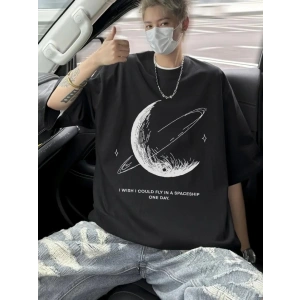 Baskılı Oversize Bisiklet Yaka T-shirt - Siyah