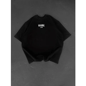 Baskılı Oversize Bisiklet Yaka T-shirt - Siyah