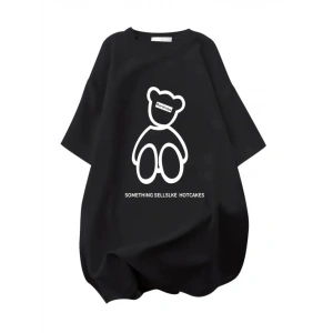Baskılı Oversize Bisiklet Yaka T-shirt - Siyah