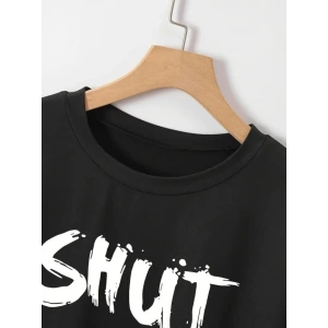 Baskılı Oversize Bisiklet Yaka T-shirt - Siyah