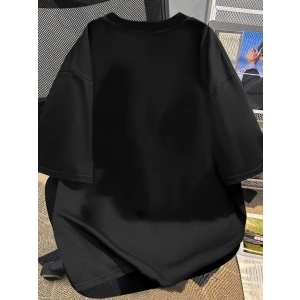 Baskılı Oversize Bisiklet Yaka T-shirt - Siyah