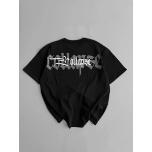 Baskılı Oversize Bisiklet Yaka T-shirt - Siyah