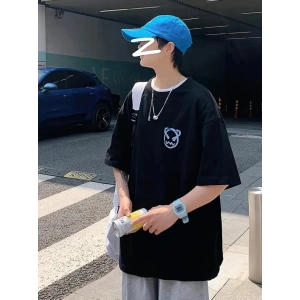 Baskılı Oversize Bisiklet Yaka T-shirt - Siyah