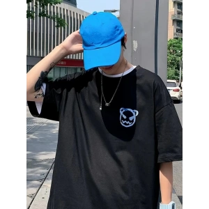 Baskılı Oversize Bisiklet Yaka T-shirt - Siyah