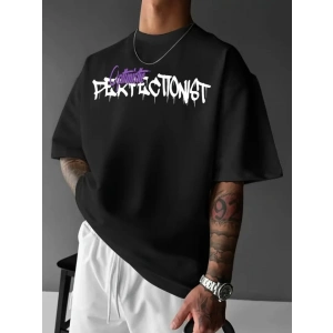 Baskılı Oversize Bisiklet Yaka T-shirt - Siyah