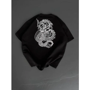 Baskılı Oversize Bisiklet Yaka T-shirt - Siyah