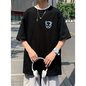 Baskılı Oversize Bisiklet Yaka T-shirt - Siyah