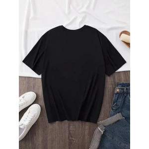 Baskılı Oversize Bisiklet Yaka T-shirt - Siyah