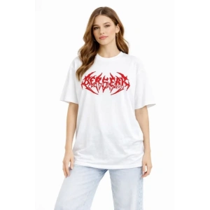 Baskılı T-Shirt Yazlık Kısa Kol Bisiklet Yaka Rahat Kalıp Tişört - Beyaz