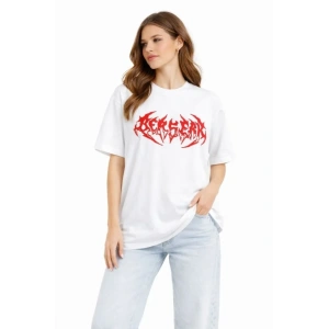 Baskılı T-Shirt Yazlık Kısa Kol Bisiklet Yaka Rahat Kalıp Tişört - Beyaz