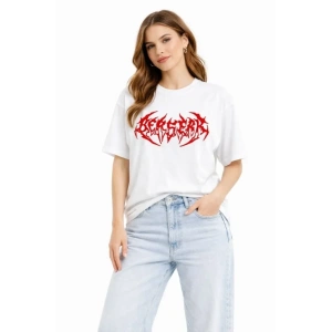 Baskılı T-Shirt Yazlık Kısa Kol Bisiklet Yaka Rahat Kalıp Tişört - Beyaz