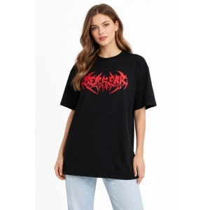 Baskılı T-Shirt Yazlık Kısa Kol Bisiklet Yaka Rahat Kalıp Tişört - Siyah