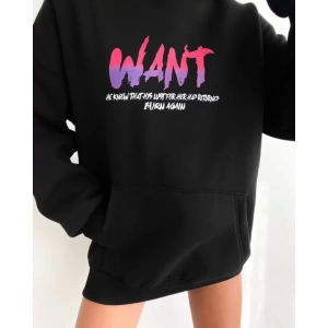 Baskılı Üç İplik Kapüşonlu Oversize Sweatshirt - Siyah