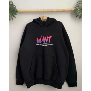 Baskılı Üç İplik Kapüşonlu Oversize Sweatshirt - Siyah