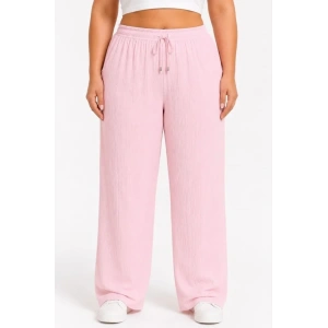Battal Beden Bürümcük Kumaş Beli Lastikli Bağcıklı Bol Paça Palazzo Pantolon - Pembe