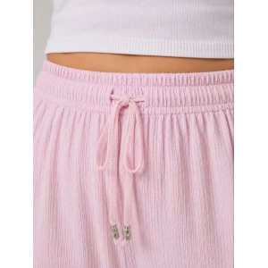 Battal Beden Bürümcük Kumaş Beli Lastikli Bağcıklı Bol Paça Palazzo Pantolon - Pembe