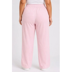 Battal Beden Bürümcük Kumaş Beli Lastikli Bağcıklı Bol Paça Palazzo Pantolon - Pembe