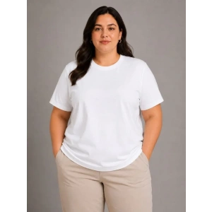 Battal Big Size Basic Tişört Bisiklet Yaka Rahat Kalıp T-Shirt - Beyaz