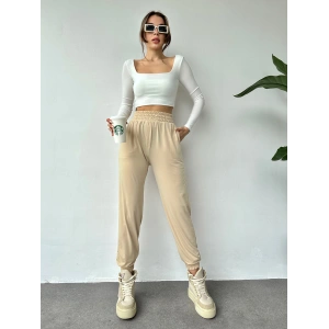 Bej Renk Sandy Kumaş Lastikli Paça Pantolon - Bej