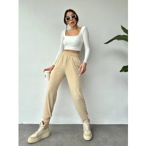 Bej Renk Sandy Kumaş Lastikli Paça Pantolon - Bej