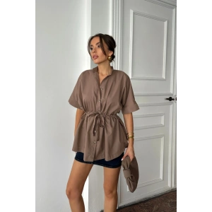 BEL BÜZGÜ DETAYLI POPLİN GÖMLEK - Kahverengi