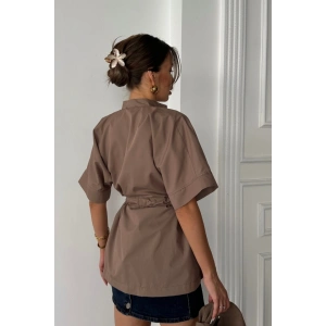 BEL BÜZGÜ DETAYLI POPLİN GÖMLEK - Kahverengi