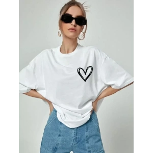Bisiklet Yaka Baskılı Oversize T-Shirt - Beyaz