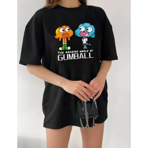 Bisiklet Yaka Baskılı Oversize T-Shirt - Siyah