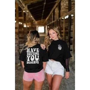 Bisiklet Yaka Kısa Kol Baskılı T-shirt - Siyah