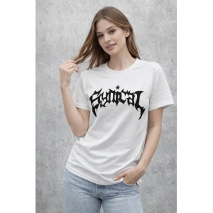Bisiklet Yaka Ön Baskılı Kısa Kollu Tişört Streetwear Günlük Basic Pamuklu T-shirt - Beyaz