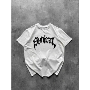 Bisiklet Yaka Ön Baskılı Kısa Kollu Tişört Streetwear Günlük Basic Pamuklu T-shirt - Beyaz