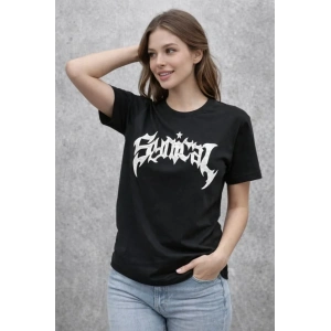 Bisiklet Yaka Ön Baskılı  Kısa Kollu Tişört Streetwear Günlük Basic Pamuklu T-shirt - Siyah