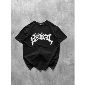Bisiklet Yaka Ön Baskılı  Kısa Kollu Tişört Streetwear Günlük Basic Pamuklu T-shirt - Siyah