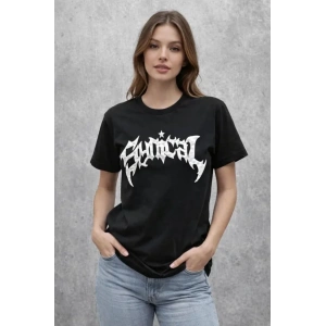 Bisiklet Yaka Ön Baskılı  Kısa Kollu Tişört Streetwear Günlük Basic Pamuklu T-shirt - Siyah