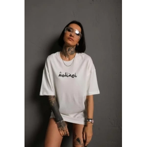 Bisiklet Yakalı Sırt Baskılı Oversize T-Shirt - Beyaz
