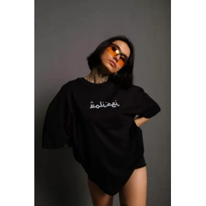 Bisiklet Yakalı Sırt Baskılı Oversize T-Shirt - Siyah