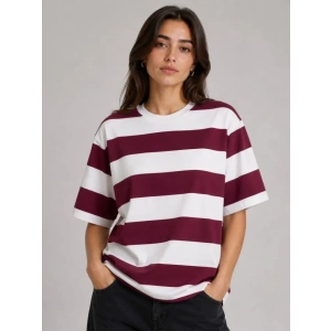 Çizgili Oversize Tişört Bisiklet Yaka Kısa Kol Yazlık T-Shirt - Bordo