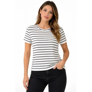Çizgili Yazlık Triko T-Shirt Bisiklet Yaka Rahat Kalıp Tişört - Beyaz
