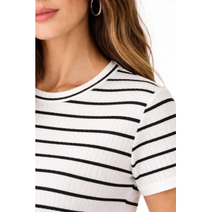 Çizgili Yazlık Triko T-Shirt Bisiklet Yaka Rahat Kalıp Tişört - Beyaz