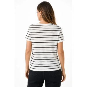 Çizgili Yazlık Triko T-Shirt Bisiklet Yaka Rahat Kalıp Tişört - Beyaz