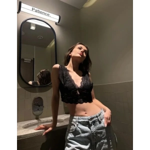 Dantel Bralet Crop Sütyen V Yaka Askılı Şık Esnek Rahat - Siyah