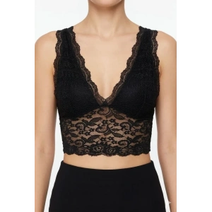 Dantel Bralet Crop Sütyen V Yaka Askılı Şık Esnek Rahat - Siyah