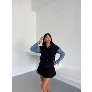 Denim Kol Detaylı Kontrast Ceket – Güçlü Stil, Net Duruş - Siyah