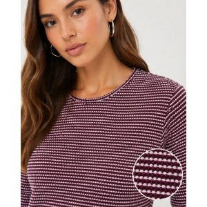 Dokulu Çizgili Uzun Kollu Tişört Oval Kesim Basic Rahat Kalıp Bluz - Bordo