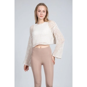 Ekru Ajurlu Crop Bluz - Ekru